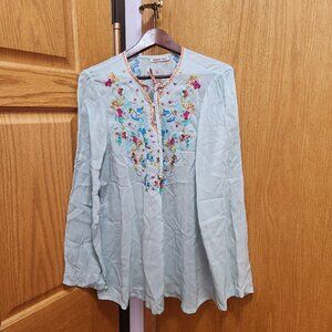 Johnny Was Floral Embroidered Light Terquoise Top in XL